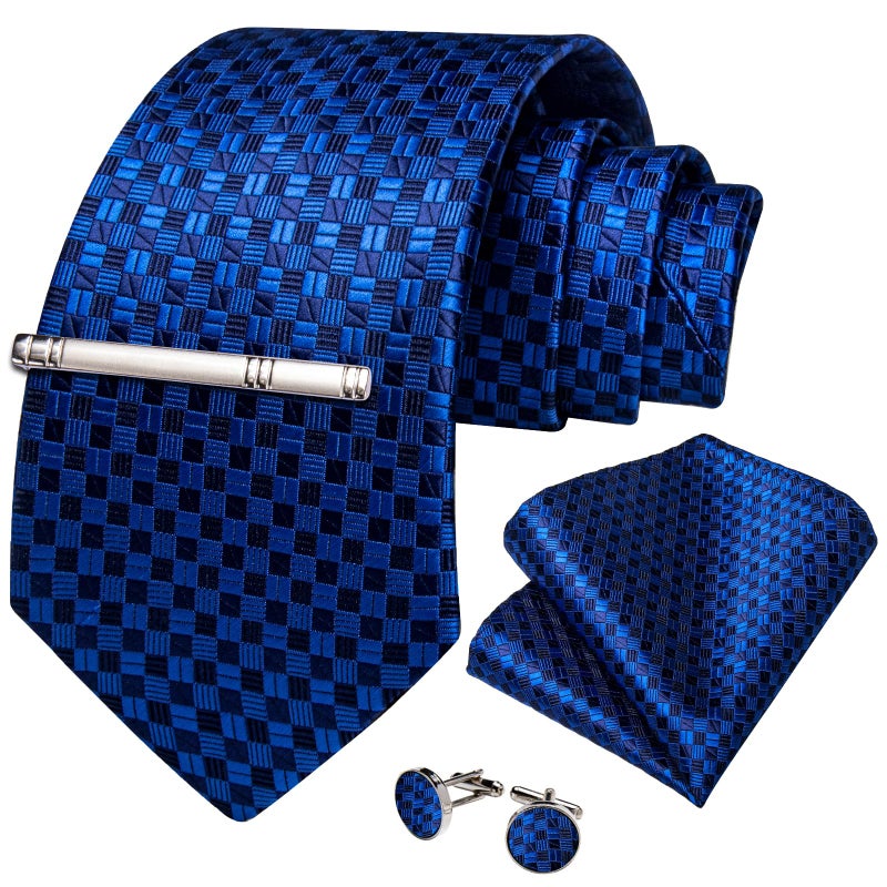 DiBanGu Plaid Ties for Men Silk Checkered Necktie and Pocket Square Cufflinks Tie Clip Set with Gift Box for Wedding Business, Royal Blue - Image 3